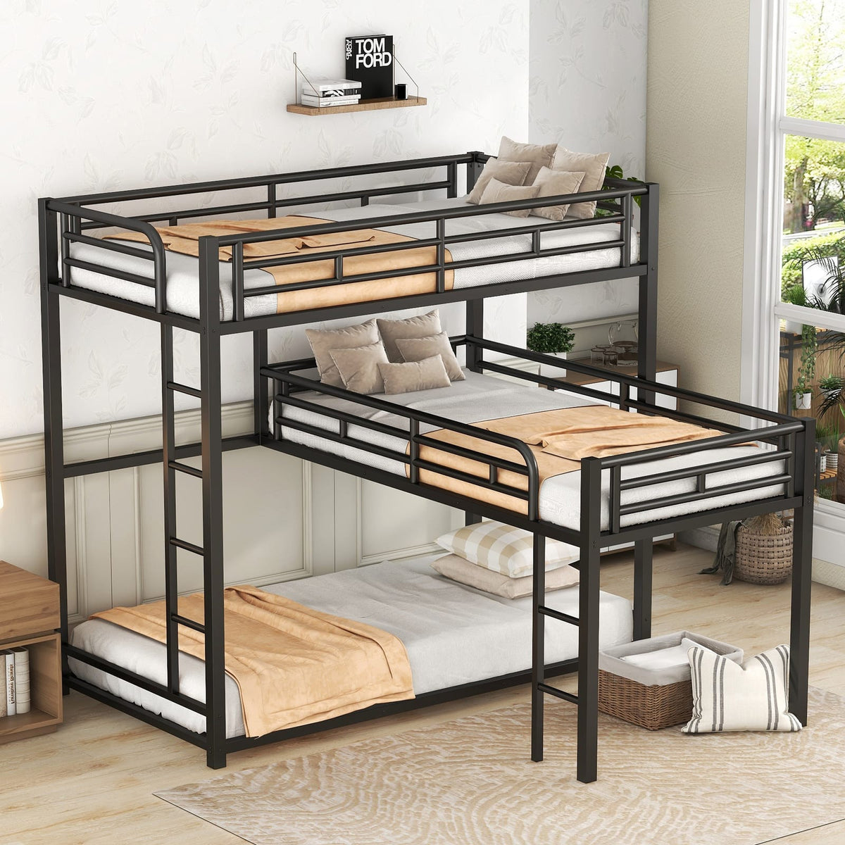 L-Shaped Metal Bunk Bed - Black (Triple Twin Size) for Bedroom