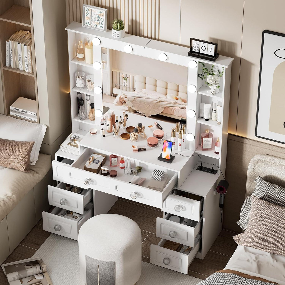 White Vanity Desk with Mirror & Lights - Charging Station for Bedroom