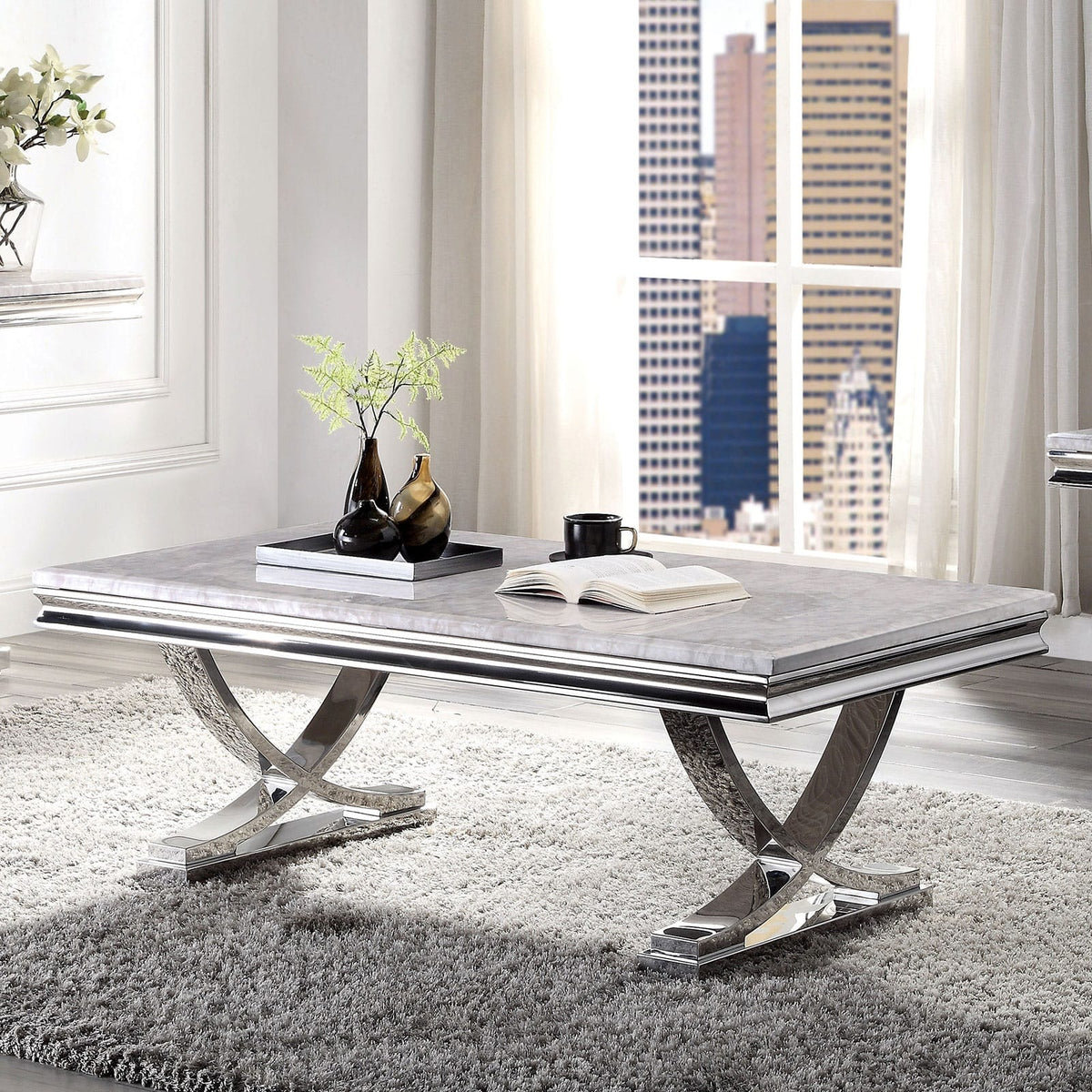Modern Glam Coffee Table - Chrome, Faux Marble Top
