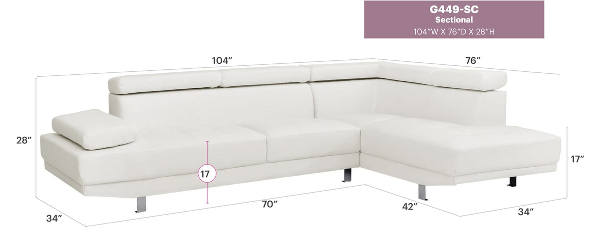 White 3 Seat PU Sectional Sofa - Modern Sectional for Living Room