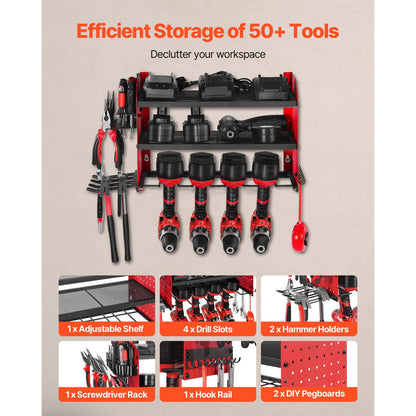 Power Tool Organizer Wall Mount - 3 Tier Red Storage Rack
