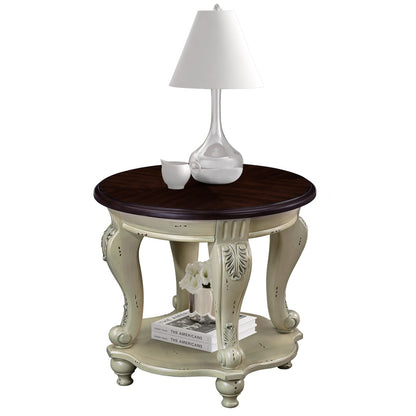 22 Inch Round End Table Beige Rubber Wood Sofa Side Table with Shelf for Living Room
