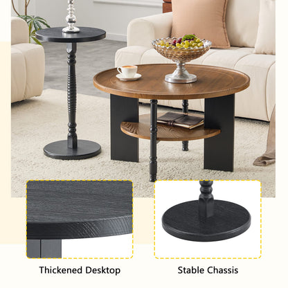 Round Coffee Table Set - Walnut & Black MDF Table with Storage for Living Room