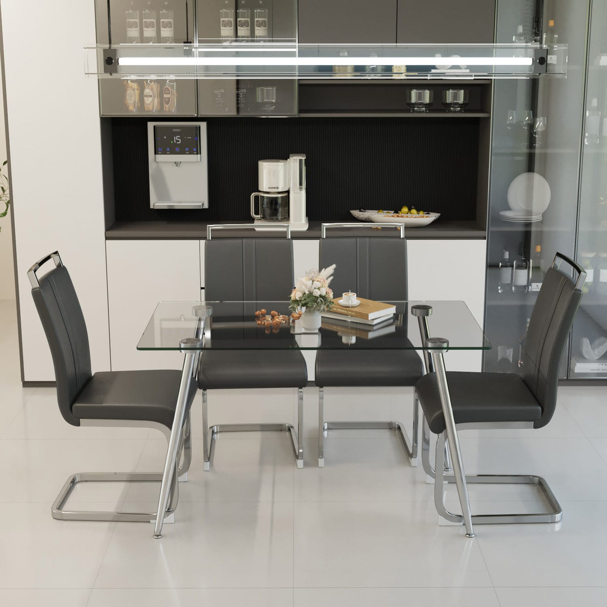 Transparent Glass Dining Table with Metal Legs, Modern Kitchen Table