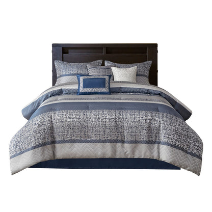 Navy Queen Comforter Set - 7 Piece Jacquard Bedding