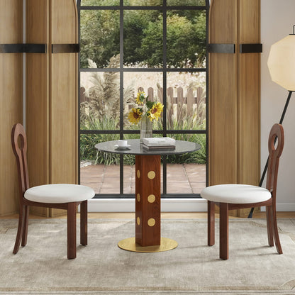 Modern Round Dining Table - 33.5" Tempered Glass, Walnut Wood
