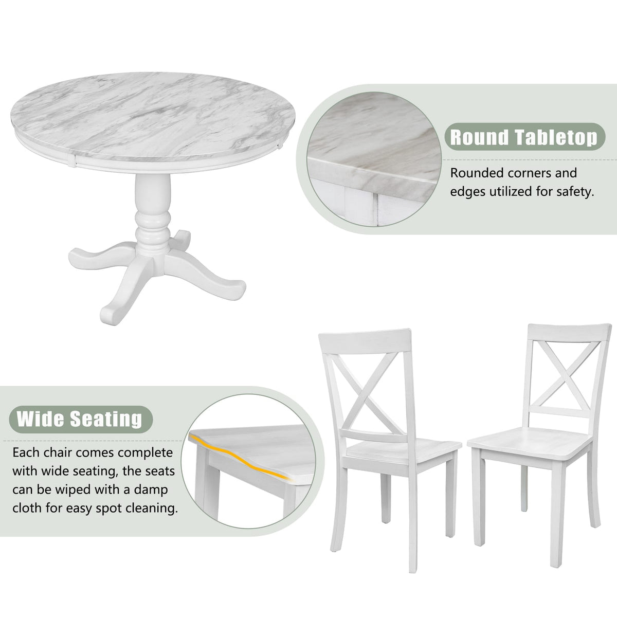 5-Piece Solid Wood Dining Table Set - White