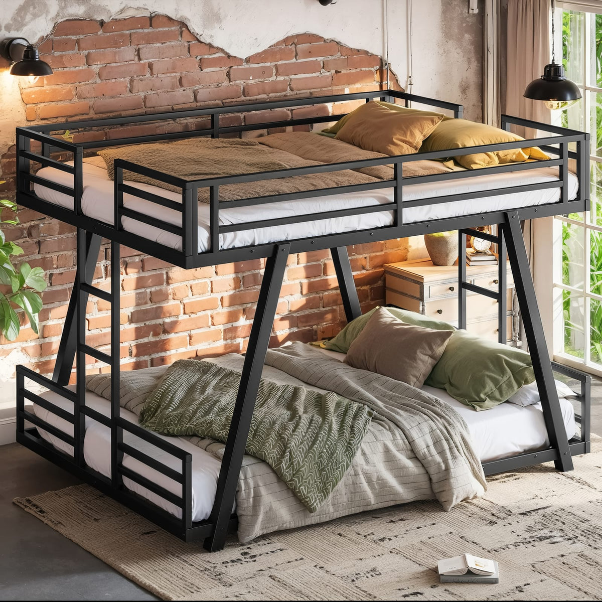 Queen Over Queen Bunk Bed - Black Metal Frame for Bedroom