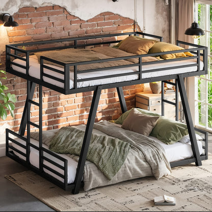 Queen Over Queen Bunk Bed - Black Metal Frame for Bedroom