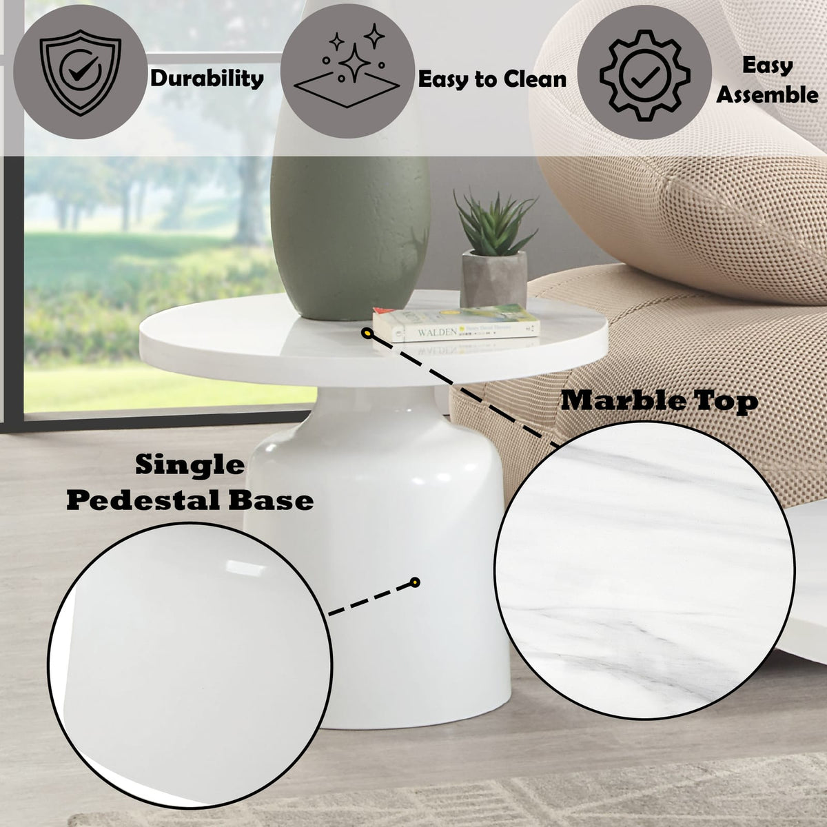 Zaid Engineering Marble & White High Gloss End Table - 22" Round