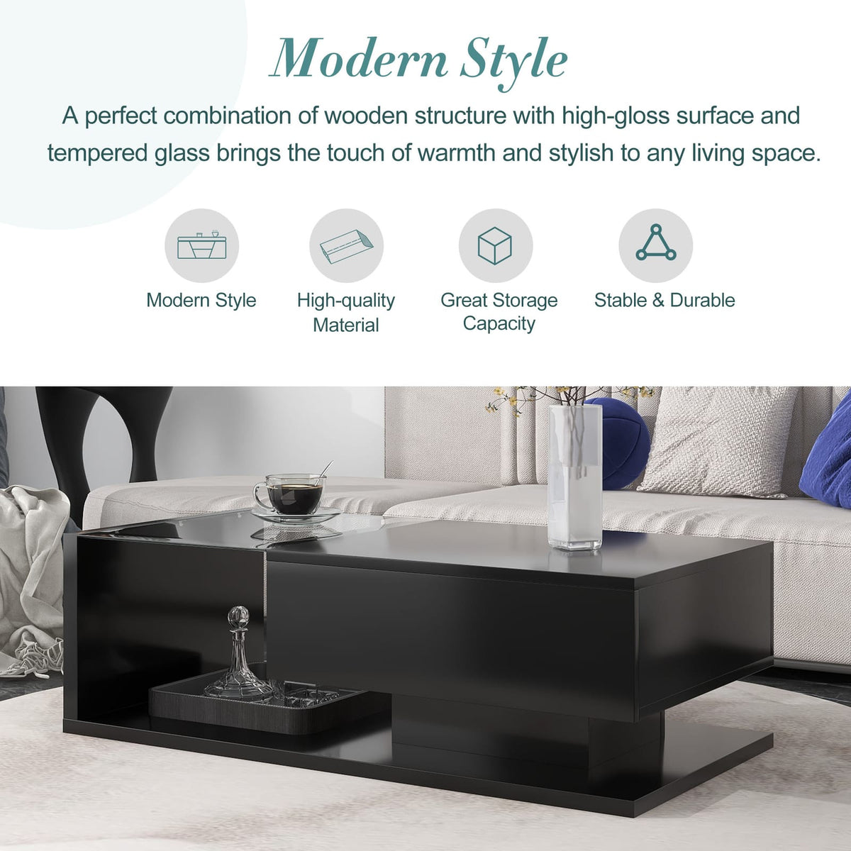 Black Rectangular Coffee Table with Glass Top