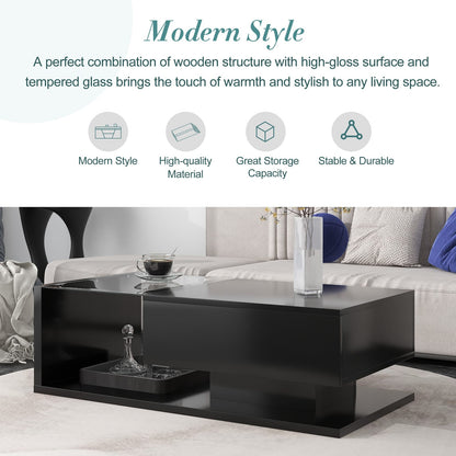 Black Rectangular Coffee Table with Glass Top