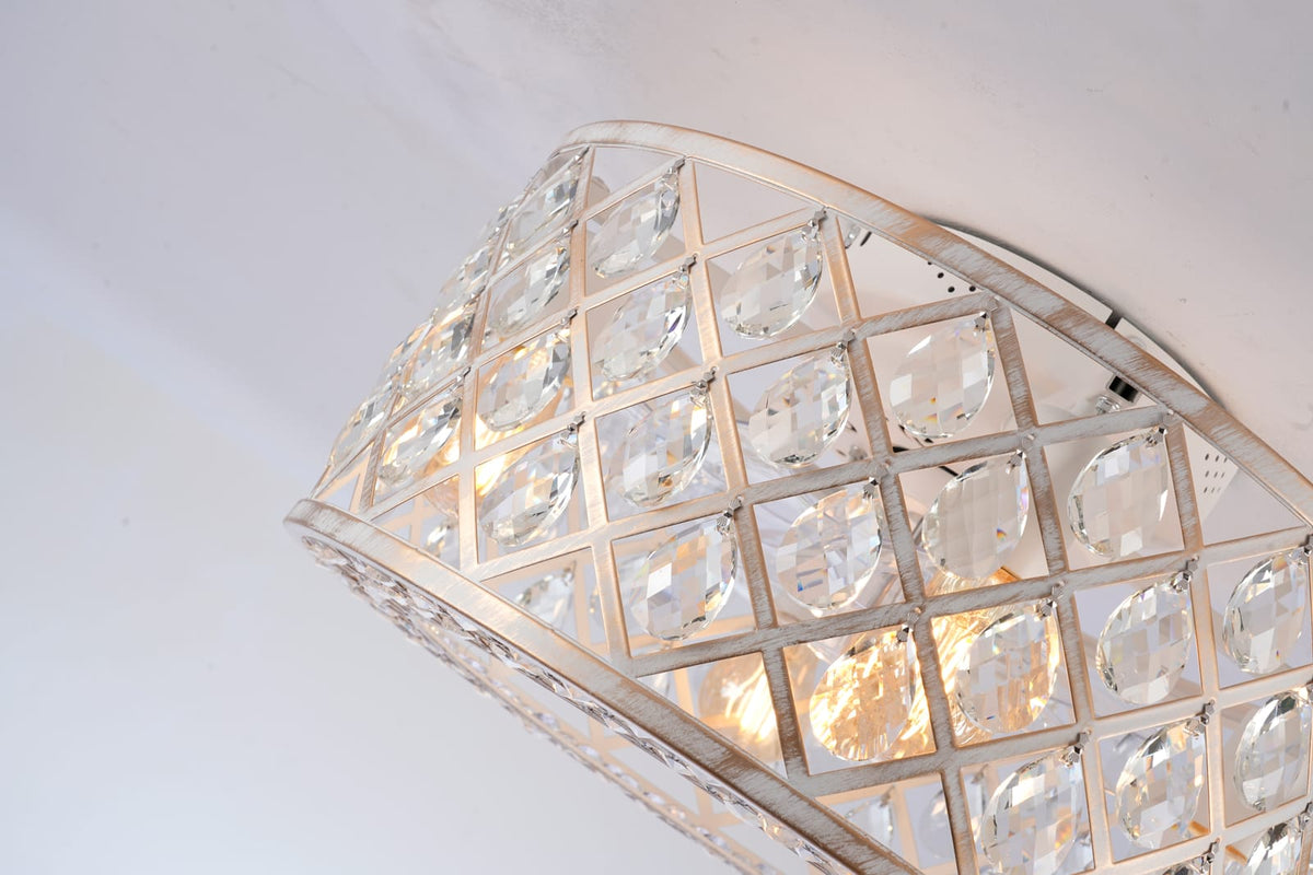 Flush Mount Ceiling Fan with Light - Gold & White Crystal, 6 Speed Remote Control