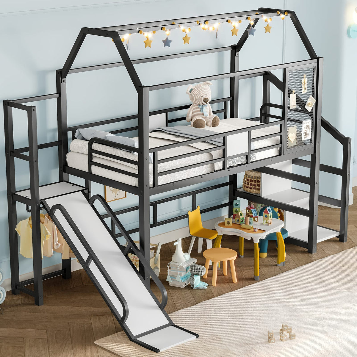 Twin House Loft Bed with Slide & Stairs - Black Metal Frame