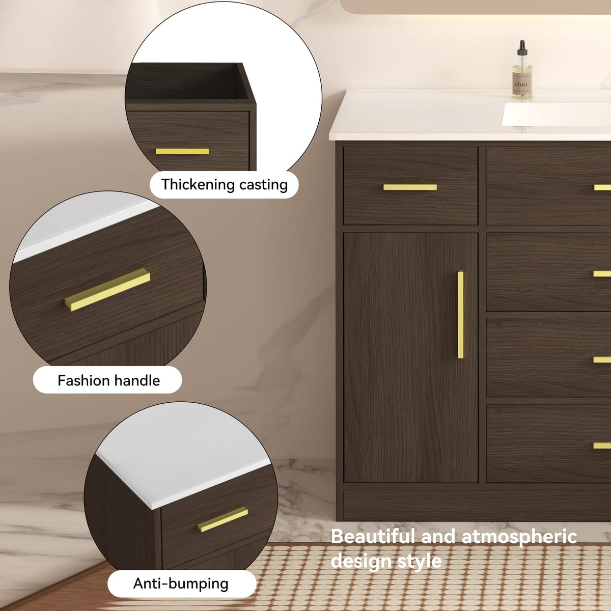48" Dark Brown Bathroom Vanity - Storage Cabinet with Soft-Close Doors