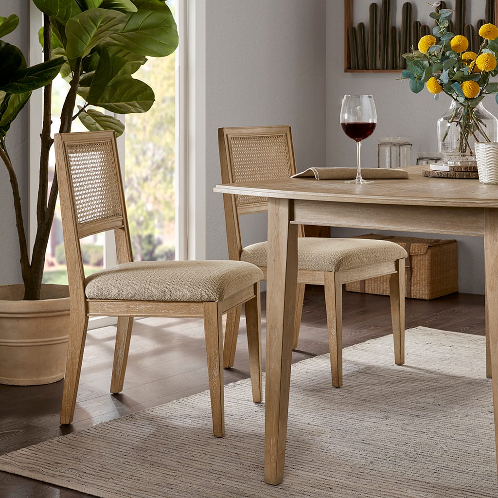 Light Brown Dining Chair Set with Cane Back for Kitchen Seating