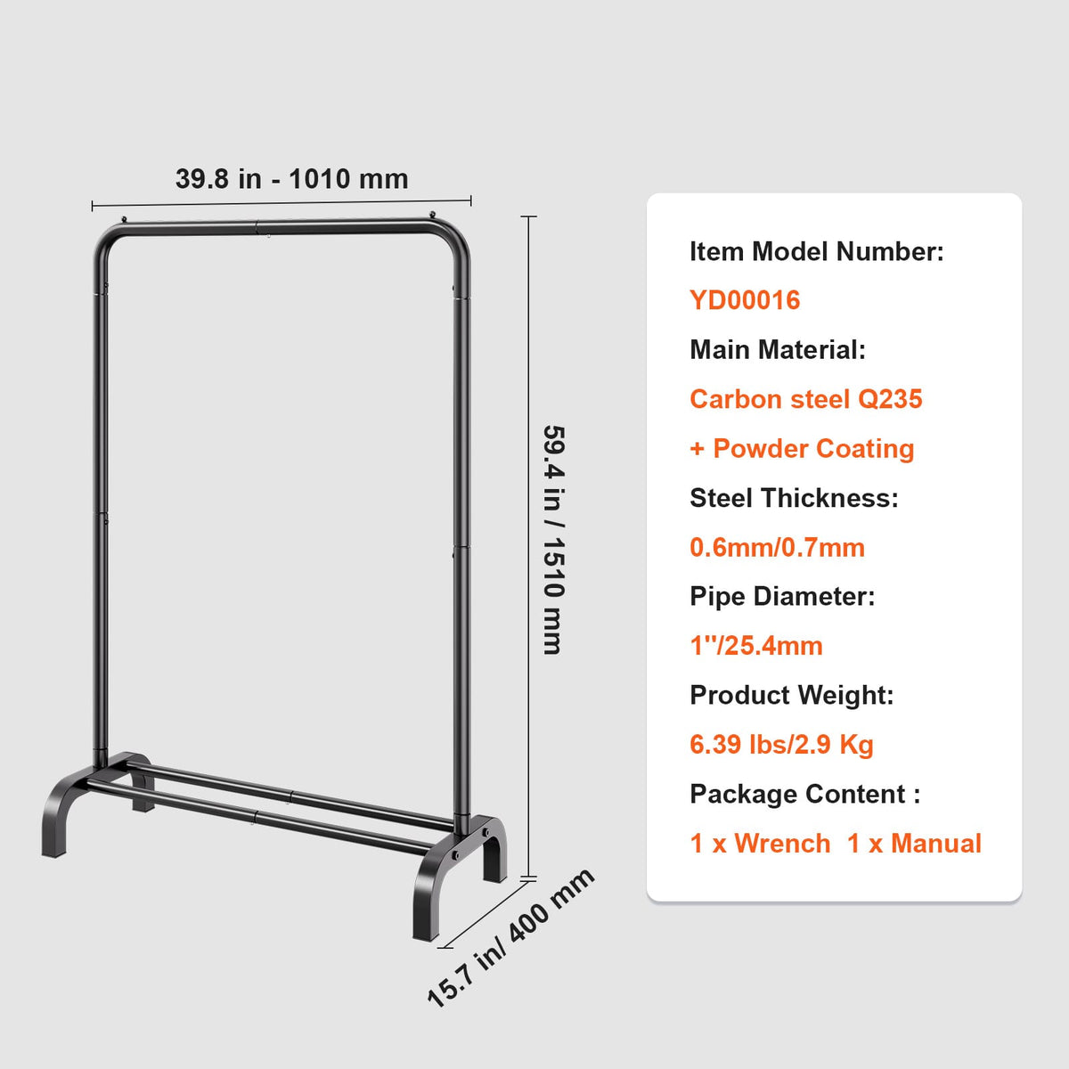 Black Steel Clothes Rack with Hanging Rod - Bedroom Storage