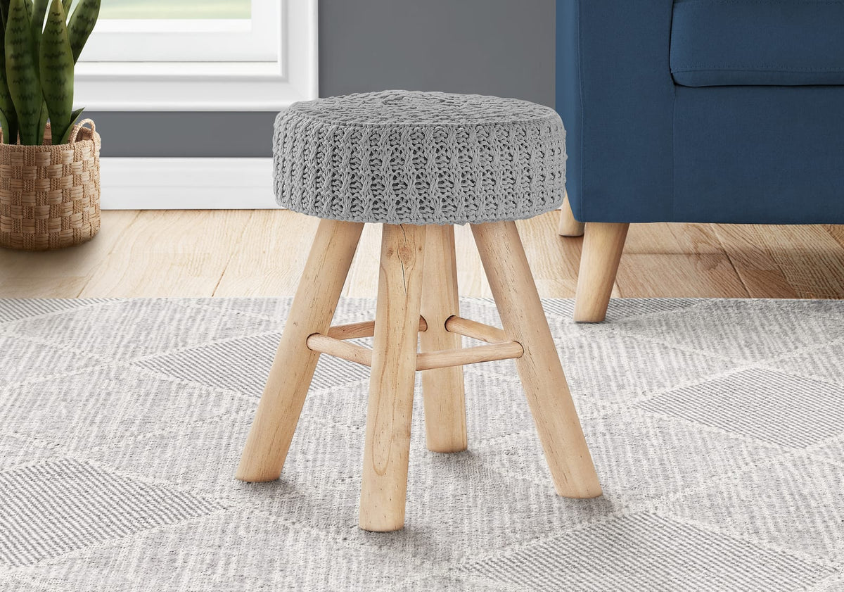 Grey Round Foam Ottoman with Wood Legs for Guest Room Seating for Living Room