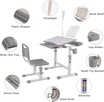 Gray Kids Desk & Chair Set - Adjustable Height Drafting Table