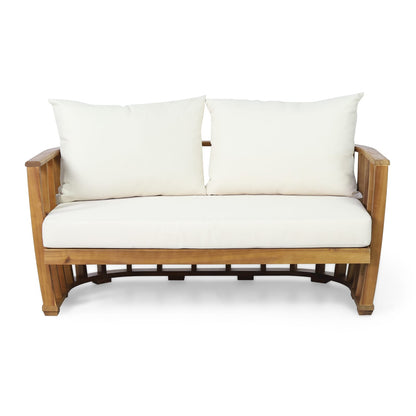 Beige Brown Acacia Wood Patio Loveseat & Coffee Table Set