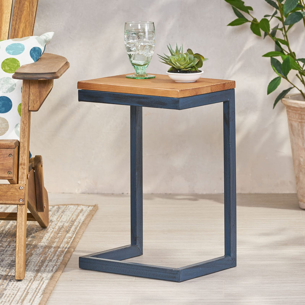 Small Antique Natural Wood End Table - Metal Base