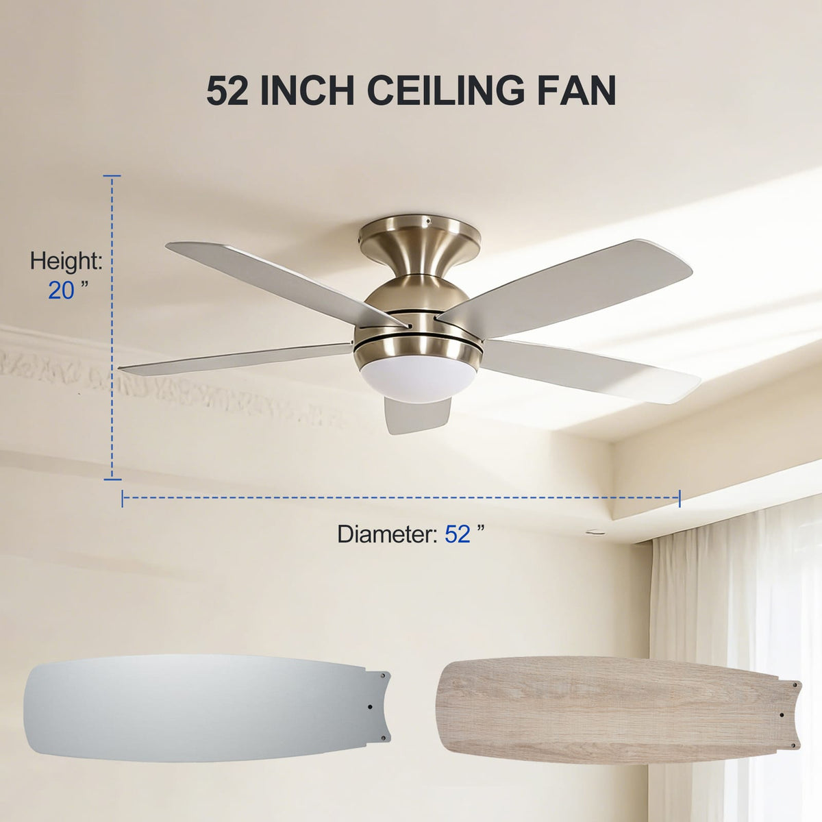 52 Inch Plywood Ceiling Fan with Light - Nickel Finish