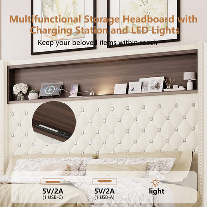 Queen Velvet Tufted Bed Frame Beige USB Charging