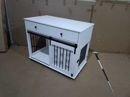 White MDF Dog Crate Bed - 39.37" End Table with Drawers