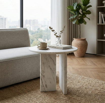 White Natural Marble Round Accent Table - Small Side Table, 17.7 Inch
