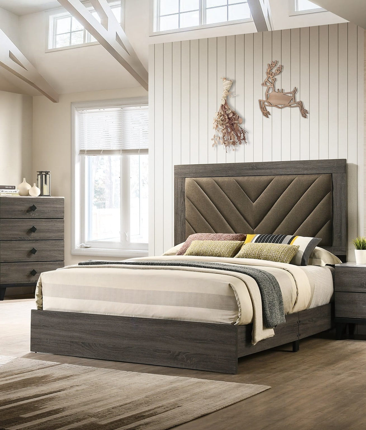 Contemporary Queen Size Bed Frame - Gray Upholstered Headboard