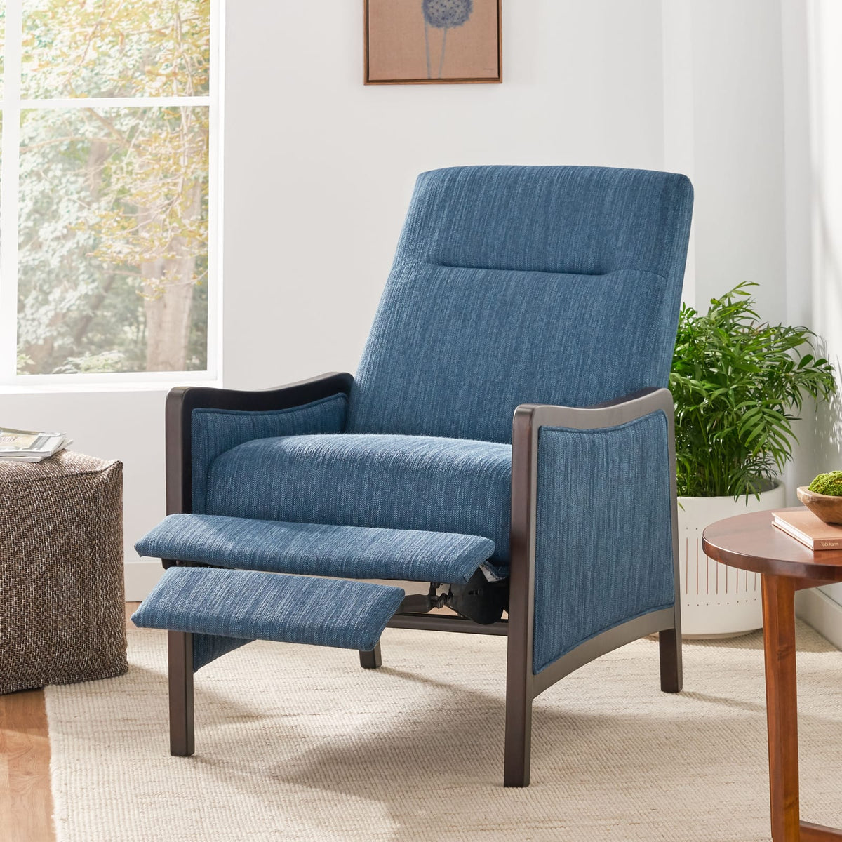 Navy Blue Fabric Recliner Mid-Century Modern Style - Pushback Sofa