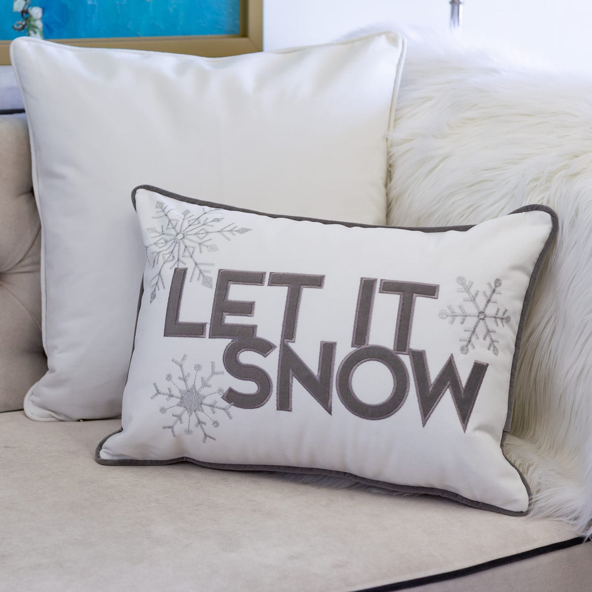 14x20 White Velvet Snowflake Lumbar Pillow with Insert