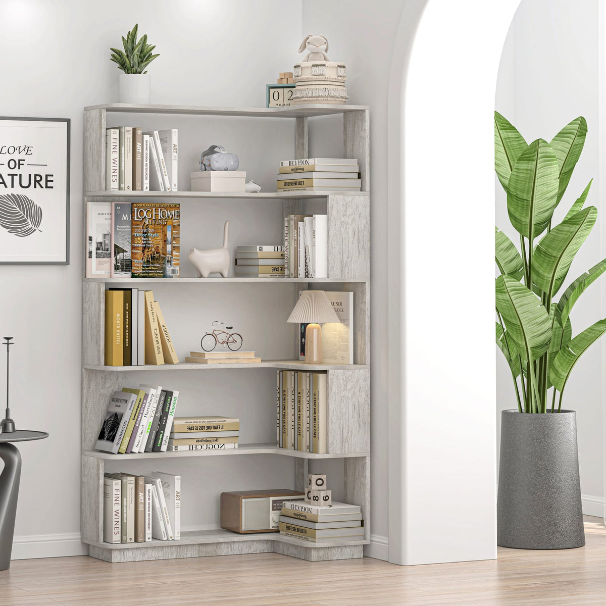 90cm Corner Bookshelf - Light Gray MDF Display Cabinet