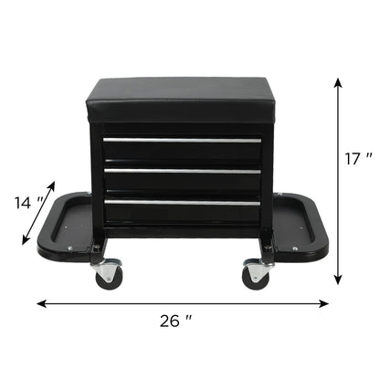 3 Drawer Tool Chest Rolling Seat - Black Steel