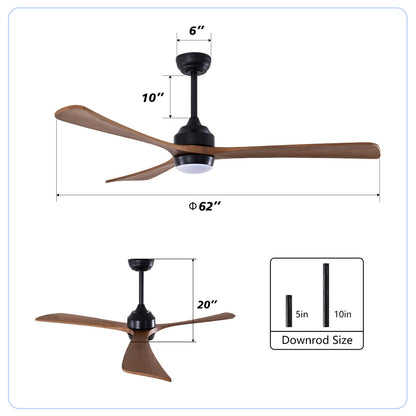 62" Solid Wood Blades Ceiling Fan with Lights - Matte Black