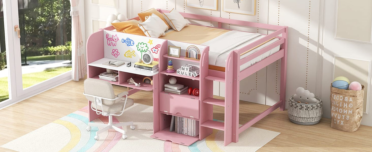 Pink Low Loft Bed with Desk & Storage - Full Size for Bedroom