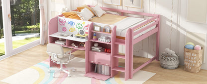 Pink Low Loft Bed with Desk & Storage - Full Size for Bedroom