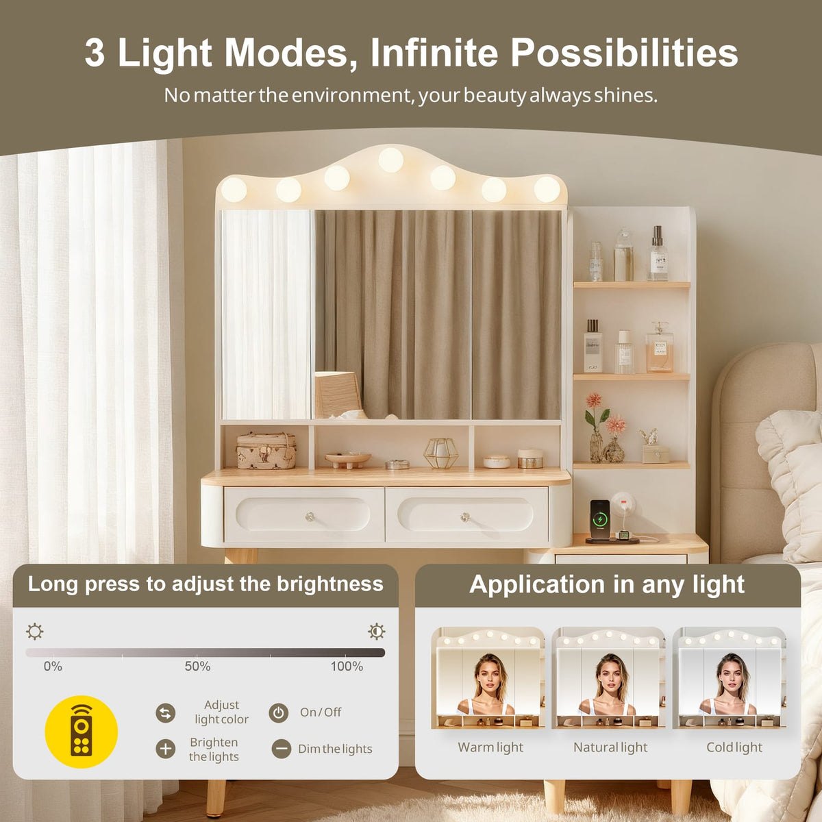 White Makeup Vanity with Mirror & Lights - Storage Drawer Set