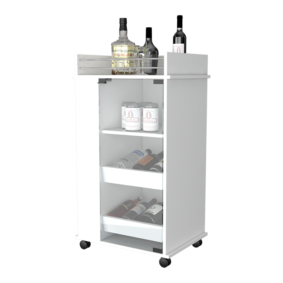 White Mobile Bar Cart - 3 Shelf Pine Cabinet