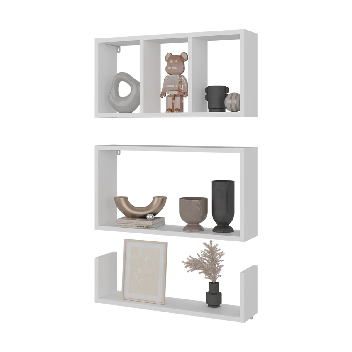 3 White Floating Shelves - Modern Wall Mounted Display for Living Room