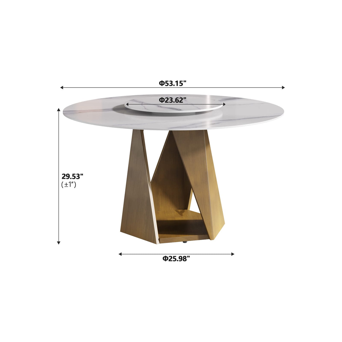 53" Round Marble Dining Table - Bronze Iron Base, White Stone