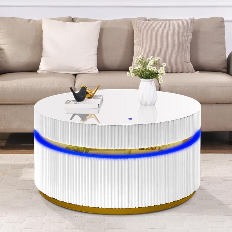 White Wood Glass Coffee Table with LED Lights