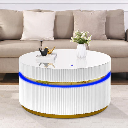 White Wood Glass Coffee Table with LED Lights
