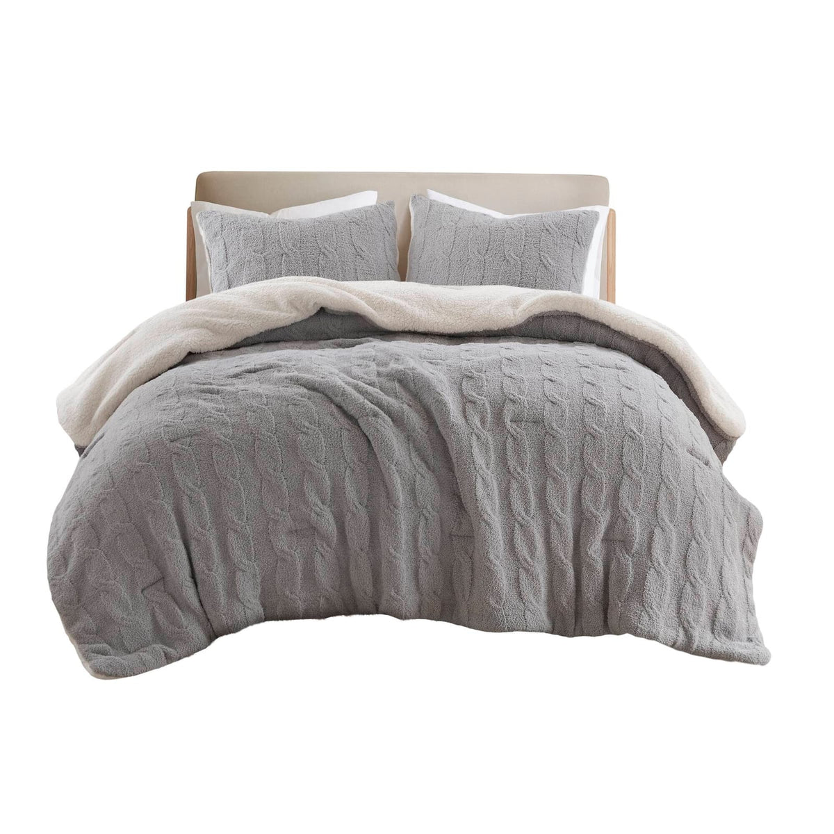 3 Pieces Full/Queen Cable Knit Chenille Comforter Set, Gray - Luxurious Comfort &