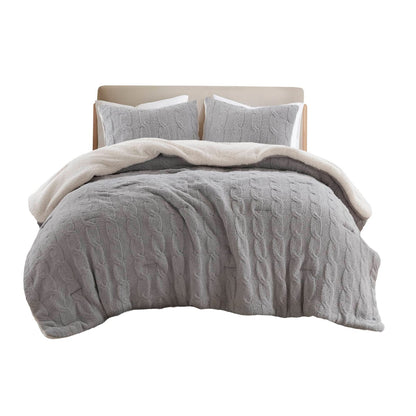 3 Pieces Full/Queen Cable Knit Chenille Comforter Set, Gray - Luxurious Comfort &