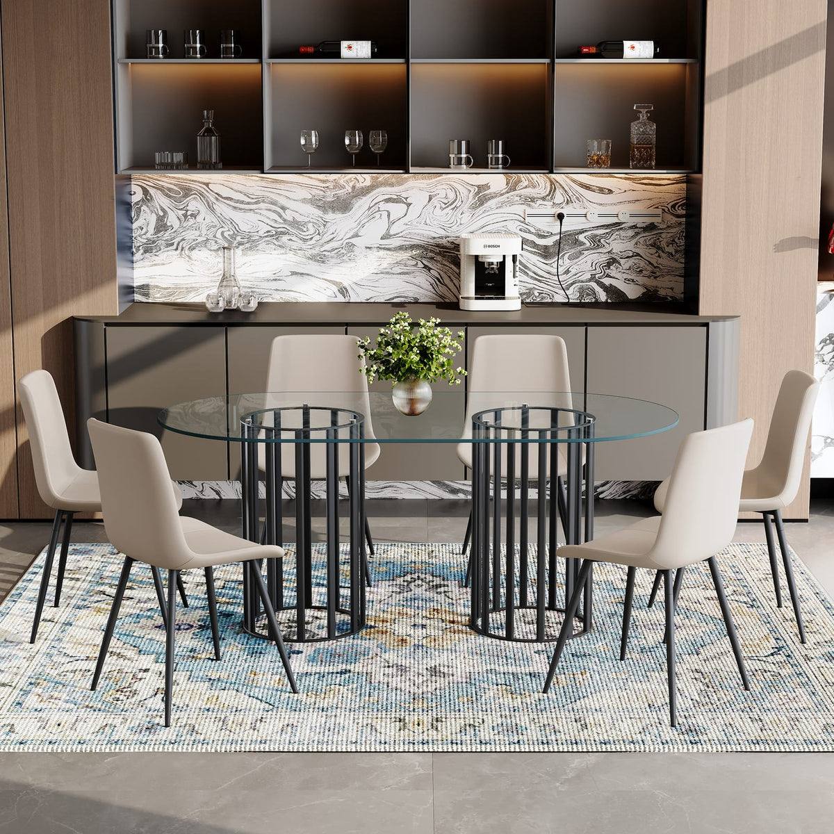 6 Person Glass Dining Table Set - Black Metal Frame