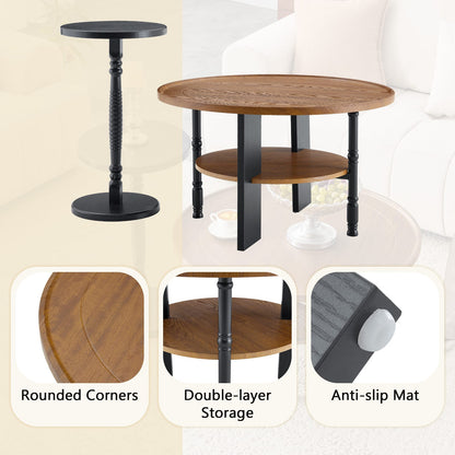 Round Coffee Table Set - Walnut & Black MDF Table with Storage for Living Room