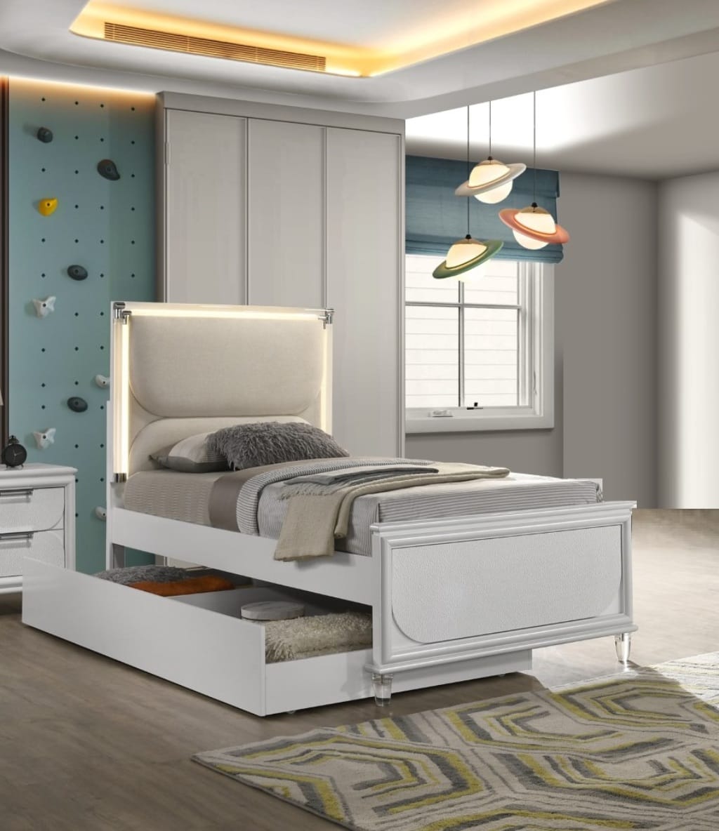 Contemporary Glam White Full Size Bed - LED Lighted Headboard