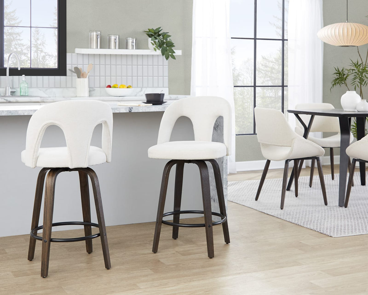 White Fabric Counter Stools Set of 2 - Swivel Stools