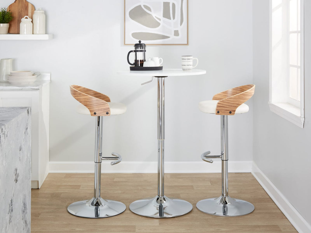 Adjustable Barstool Set - Chrome, White Faux Leather Dining Seating